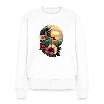 Un colibri vole au-dessus de la fleur d’hibiscus Soleil tropical - Pull Premium bio Femme - blanc - Devant - Julia (174cm)