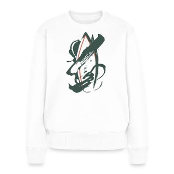Abstraction Géométrique en Vert & Orange - Pull Premium bio Femme - blanc - Devant - Julia (174cm)