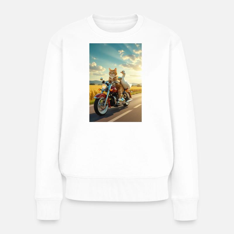 Katze und Gans auf einem Motorrad - Frauen Premium Bio Pullover - Weiß