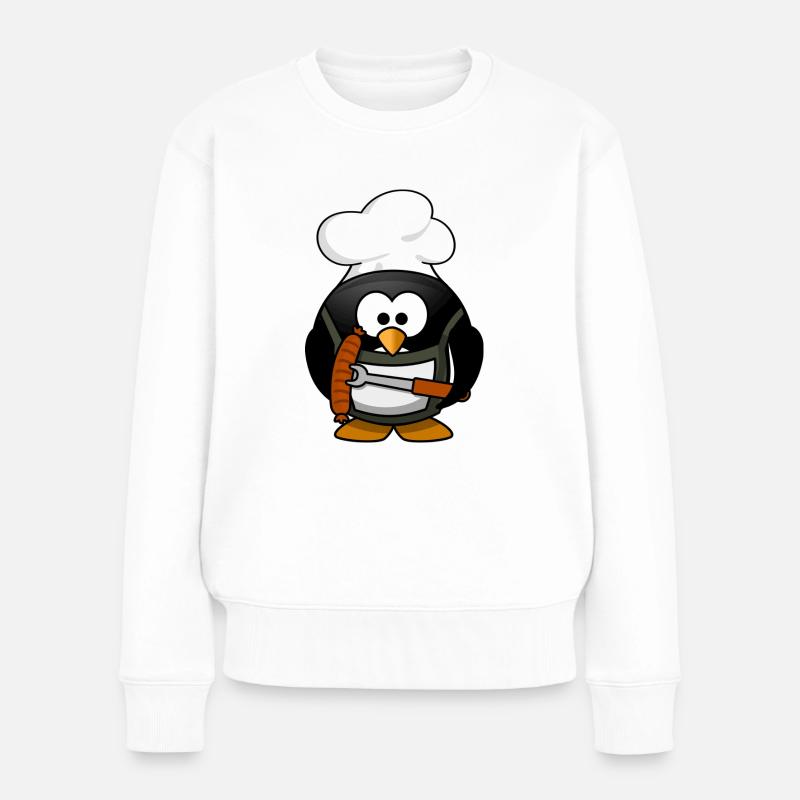 Kochender Pinguin mit Bratwurst. Geschenkidee - Frauen Premium Bio Pullover - Weiß