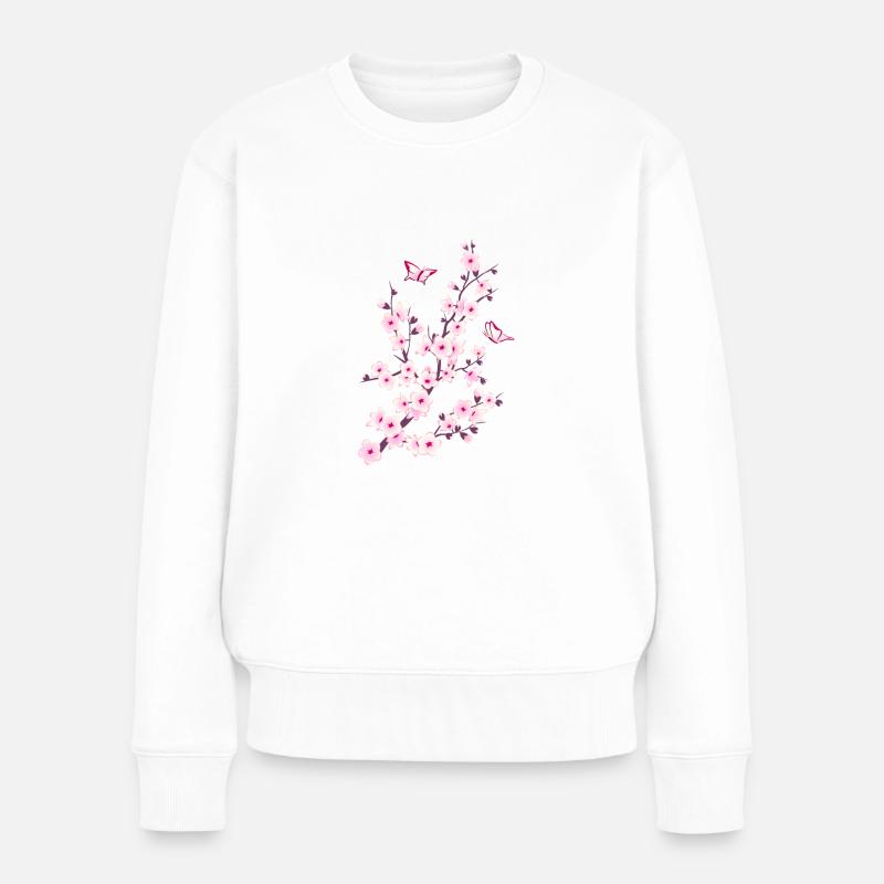 Branche de fleur de cerisier avec papillons - Pull Premium bio Femme - blanc