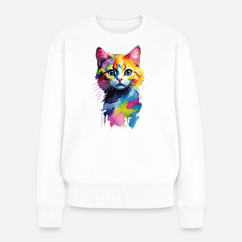 Bunter Wasserfarben-Katzenkopf - Frauen Premium Bio Pullover - Weiß
