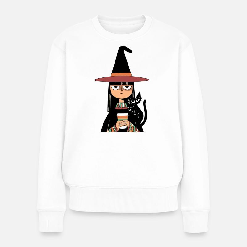 Grumpy Witch with Coffee and Black Cat – Halloween - Pull Premium bio Femme - blanc