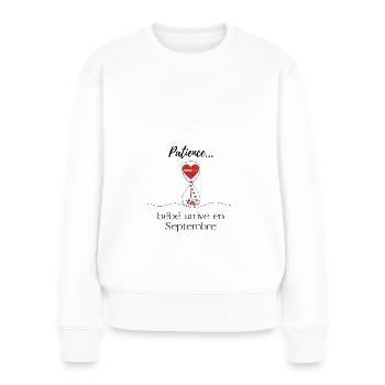 Annonce grossesse Patience bébé arrive Septembre - Pull Premium bio Femme - blanc - Devant - Julia (174cm)