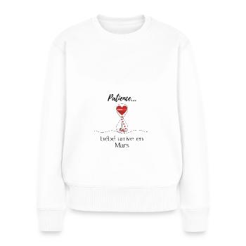 Annonce grossesse. Patience bébé arrive en Mars - Pull Premium bio Femme - blanc - Devant - Julia (174cm)