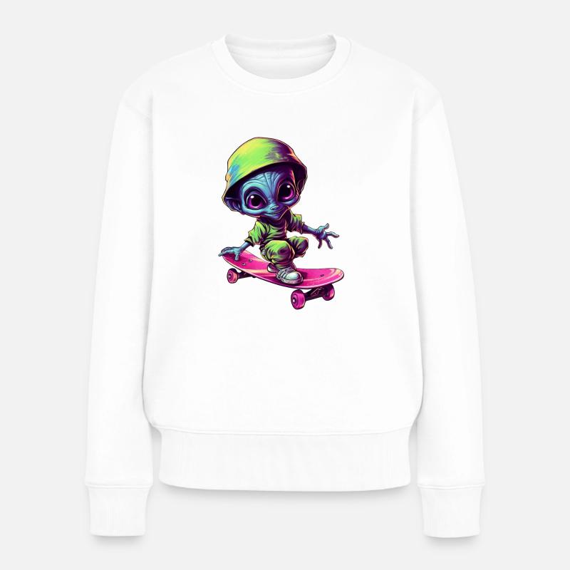 Blau-Pinker Alien Skateboarder: Kosmische Tricks - Frauen Premium Bio Pullover - Weiß
