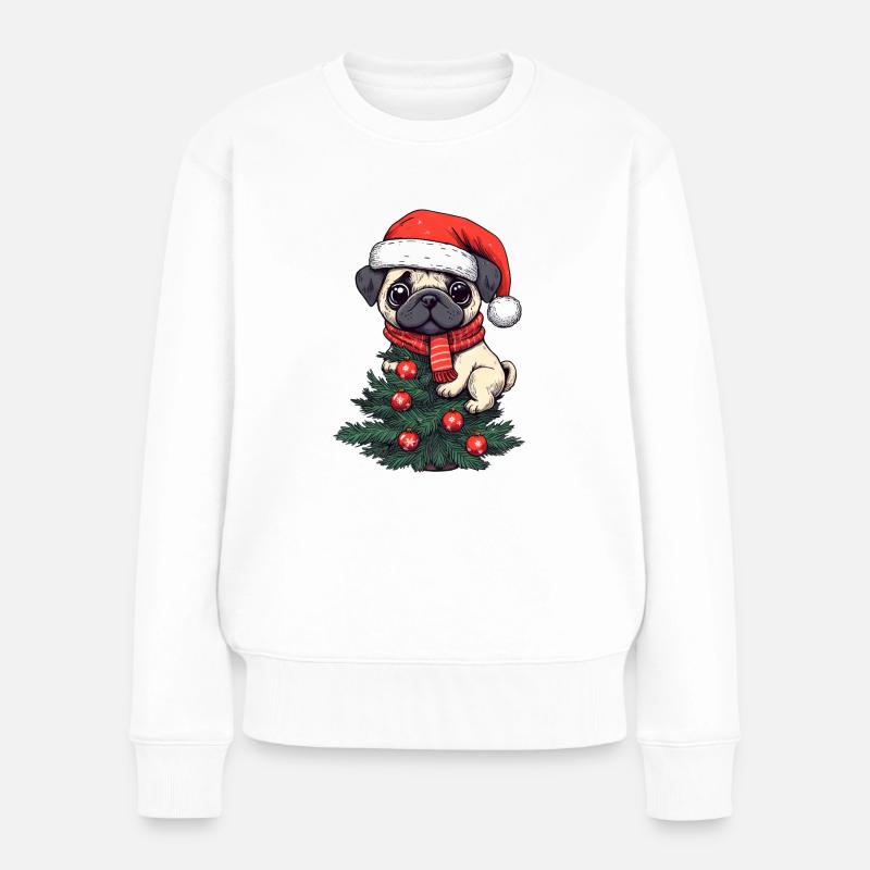 Weihnachts-Mops - Niedlicher Baumwächter - Frauen Premium Bio Pullover - Weiß