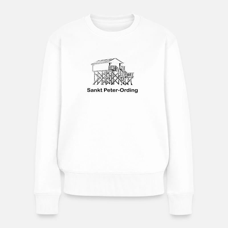 Pfahlbau mit Text Sankt Peter Ording schwarz - Frauen Premium Bio Pullover - Weiß