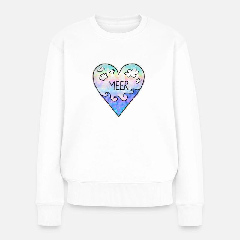 Ich Liebe das Meer, Herz, Wellen, Sommer, Surfen - Frauen Premium Bio Pullover - Weiß