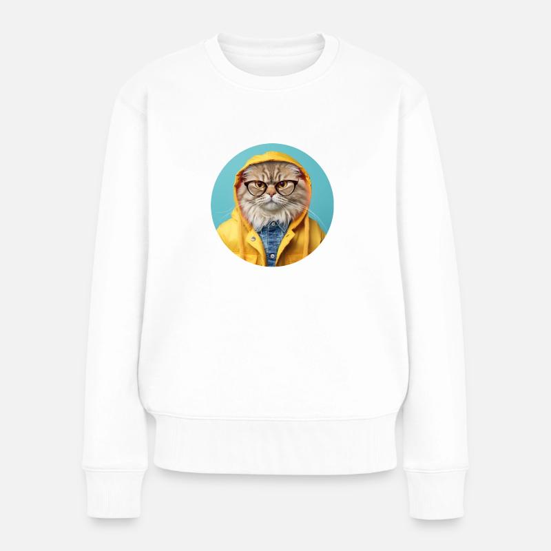 Strenge Katze mit Brille in Regenjacke - Frauen Premium Bio Pullover - Weiß