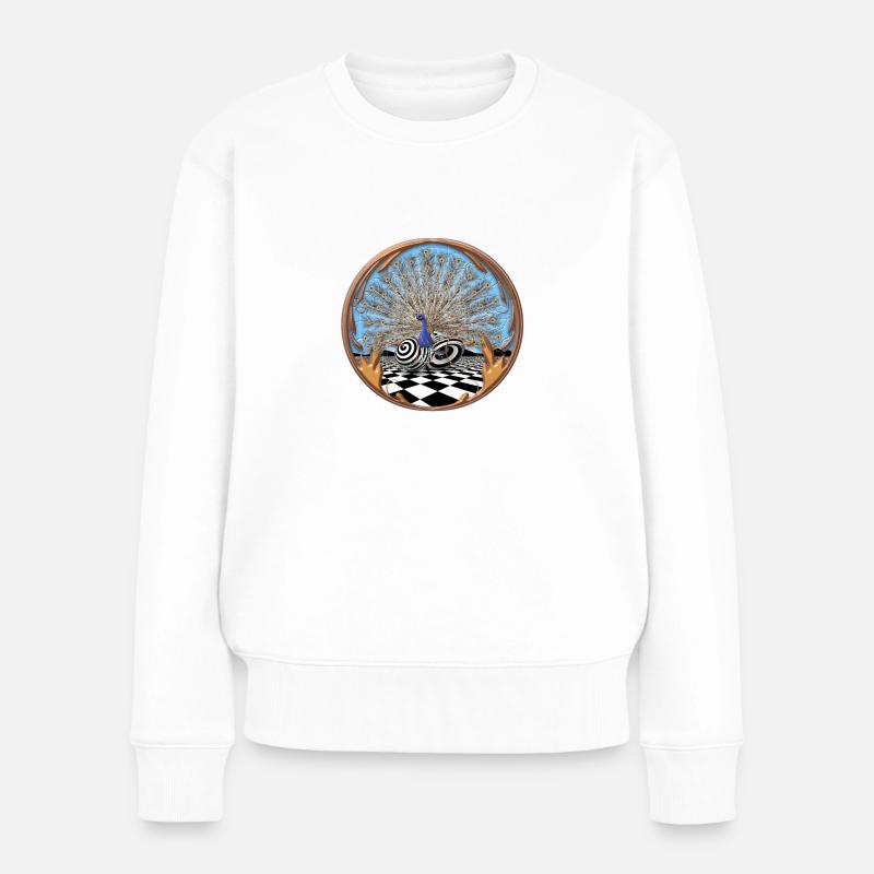 Pfau vor abstraktem Hintergrund mit Unendlichkeit - Frauen Premium Bio Pullover - Weiß