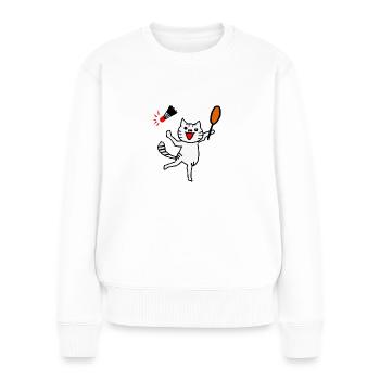 An excited cat plays badminton - Women's Premium Organic Jumper - white - Front - Julia (174cm)