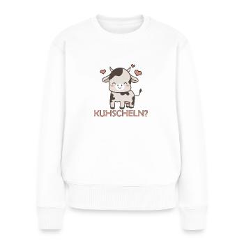 Kuscheln und Kuh, gleich Kuhscheln. Lustige Kuh - Frauen Premium Bio Pullover - Weiß - Vorne - Julia (174cm)