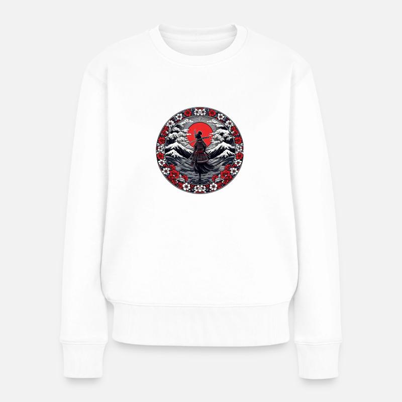 Ombre Samurai Mädchen Kirschblüte - Frauen Premium Bio Pullover - Weiß