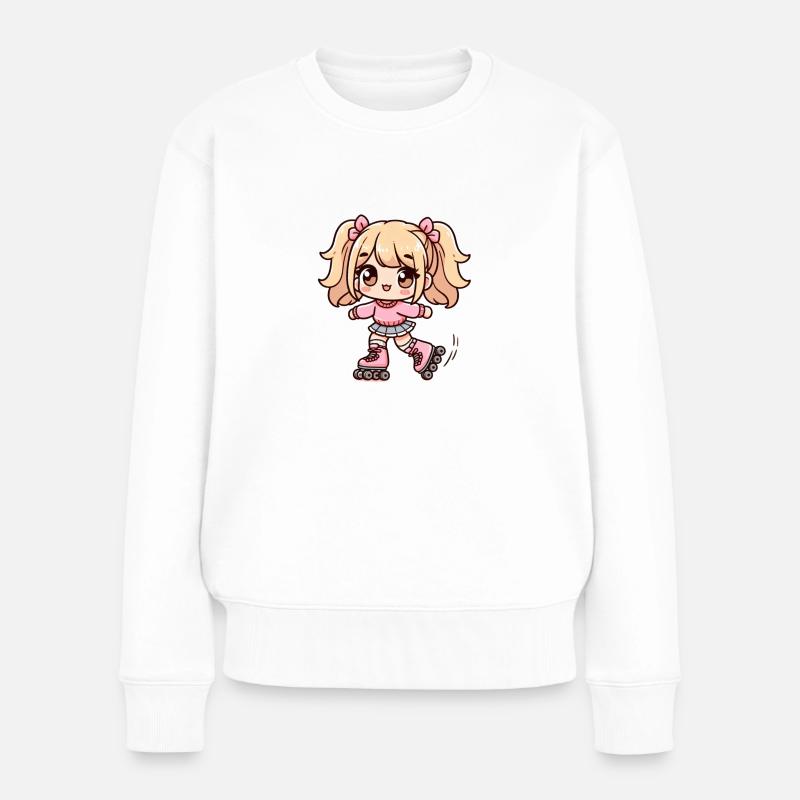Fille dessin mignon qui fait du roller - Pull Premium bio Femme - blanc