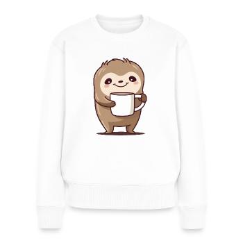 Faultier mit Tasse Spruch Vintage Morgenmuffel - Frauen Premium Bio Pullover - Weiß - Vorne - Julia (174cm)