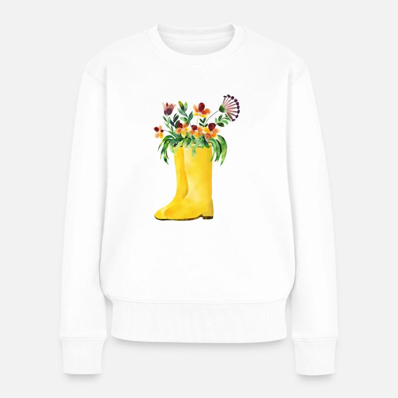 Bottes en caoutchouc de jardinier jaune avec des fleurs colorées - Pull Premium bio Femme - blanc