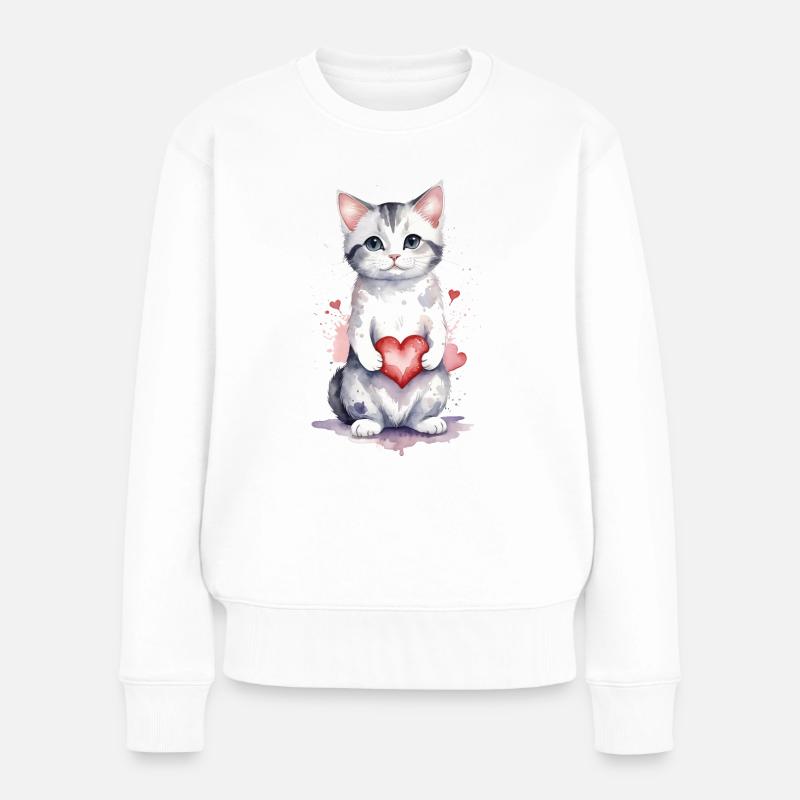 Feline Affection - Kat med hjerte akvarel - Premium økologisk sweatshirt til kvinder - hvid