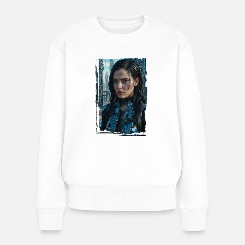 Porträt eines Sci-Fi-Cyberpunk-Mädchens - Frauen Premium Bio Pullover - Weiß