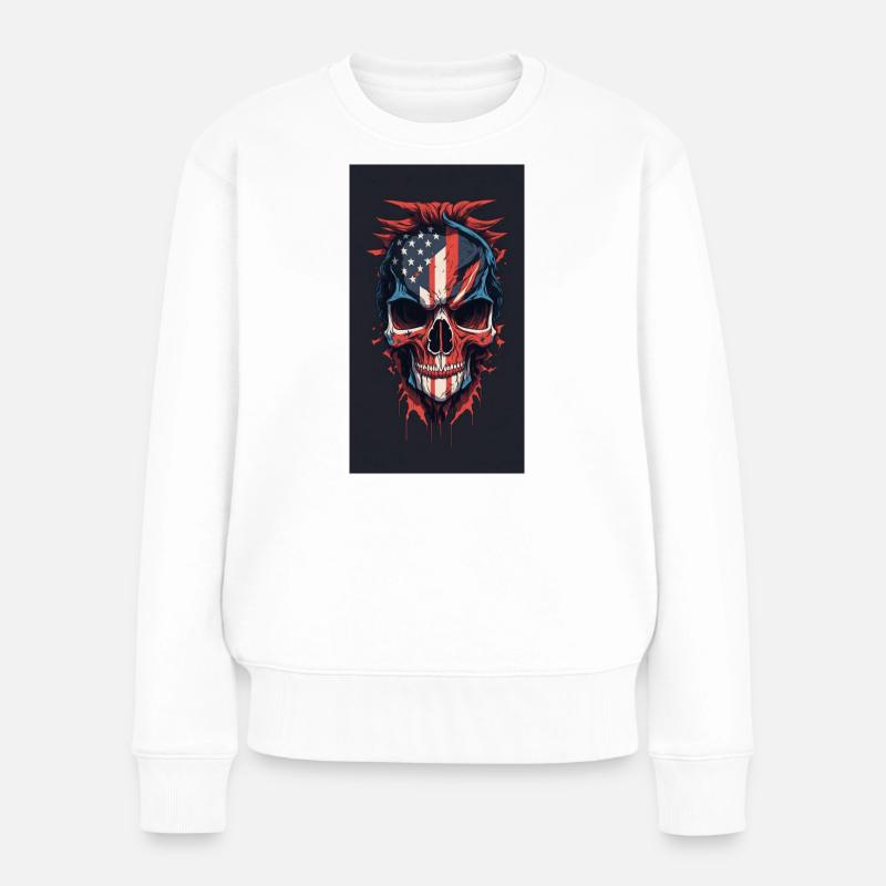 Drapeau américain dessiné face maléfique crâne de mort - Pull Premium bio Femme - blanc