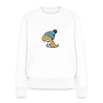 T-Rex Dino Dinosaurier mit blauer Beanie Mütze - Frauen Premium Bio Pullover - Weiß - Vorne - Julia (174cm)