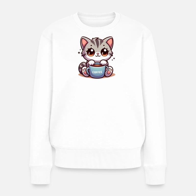 Cat with Coffee Mug 4 - Women's Premium Organic Jumper - white