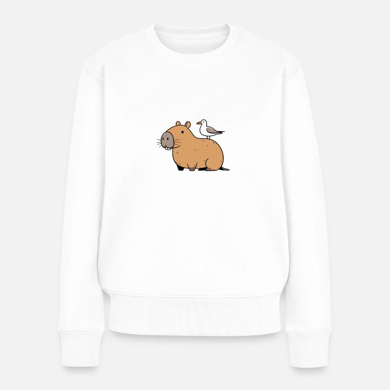 Comic Capybara Wasserschein mit Möwe auf Rücken - Frauen Premium Bio Pullover - Weiß