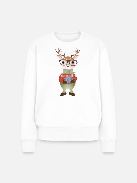 niedlicher Hirsch mit Weihnachtsgeschenk & Brille - Frauen Premium Bio Pullover - Weiß