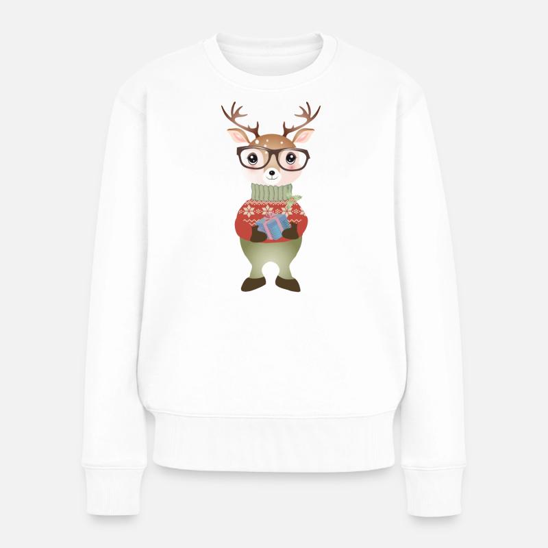 niedlicher Hirsch mit Weihnachtsgeschenk & Brille - Frauen Premium Bio Pullover - Weiß