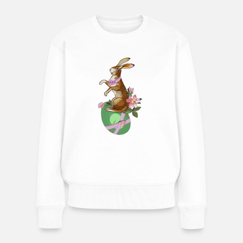 Lapin sur œuf vert avec des fleurs roses. - Pull Premium bio Femme - blanc