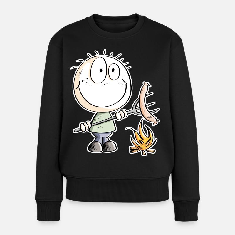 Lustiges Wurst Grillen Strichmännchen - Frauen Premium Bio Pullover - Schwarz