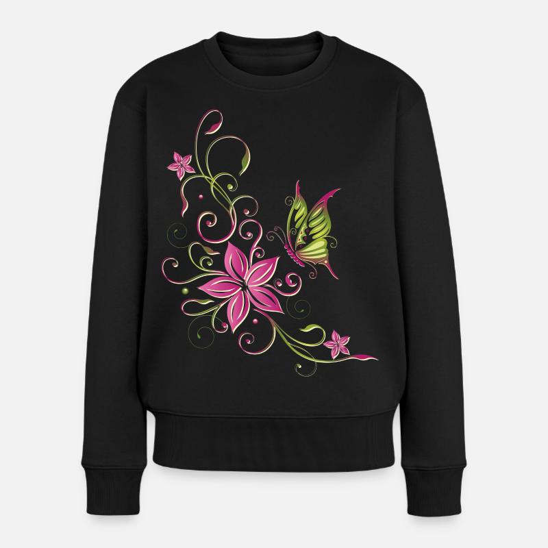 Florales Blumenmotiv mit Schmetterling - Pull Premium bio Femme - noir