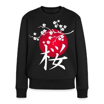 Cerisier japonais blanc et soleil rouge - Pull Premium bio Femme - noir - Devant - Julia (174cm)