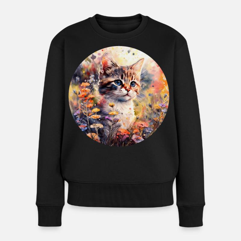 Katze in Blumenwiese - Aquarell - Frauen Premium Bio Pullover - Schwarz