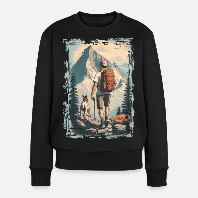 Wanderer in den Bergen mit Hund | Illustration - Frauen Premium Bio Pullover - Schwarz