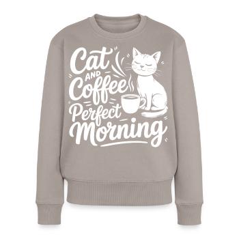 Katzenmotiv mit Kaffee und Morgenkaffee - Frauen Premium Bio Pullover - Taupe - Vorne - Julia (174cm)