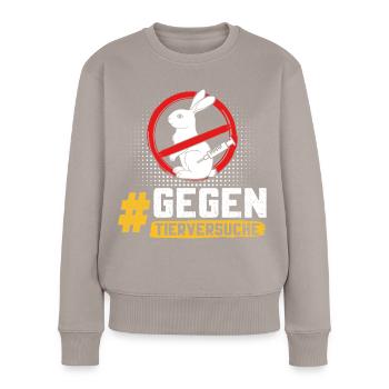 Tierschutz STOPPT TIERVERSUCHE GEGEN VERSUCHE - Frauen Premium Bio Pullover - Taupe - Vorne - Julia (174cm)