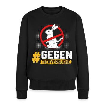 Tierschutz STOPPT TIERVERSUCHE GEGEN VERSUCHE - Frauen Premium Bio Pullover - Schwarz - Vorne - Julia (174cm)
