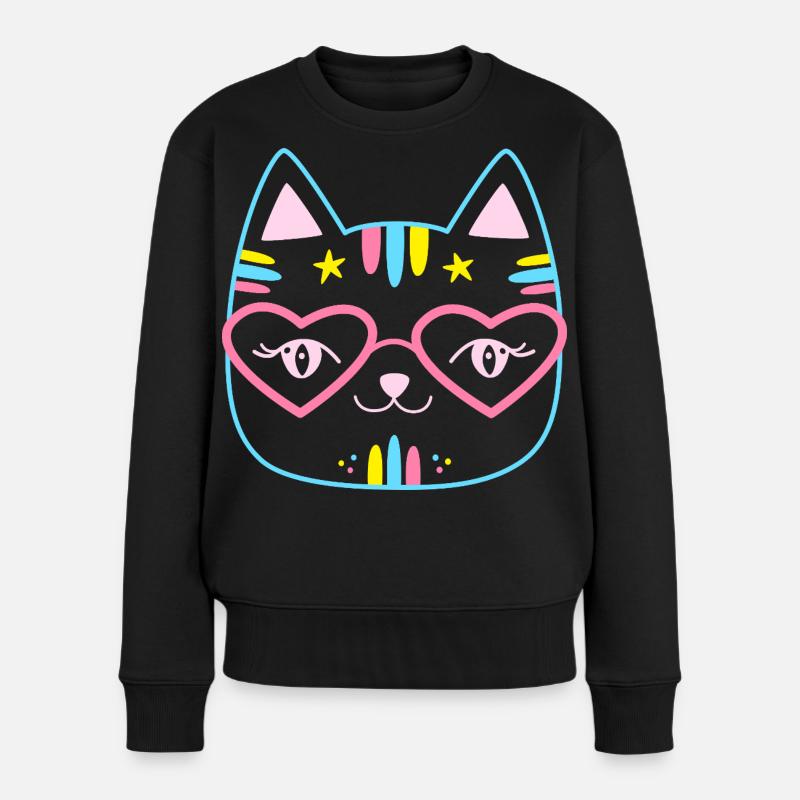 Visage de chat Kawaii avec lunettes en forme de cœur Rose Rose mignon - Pull Premium bio Femme - noir