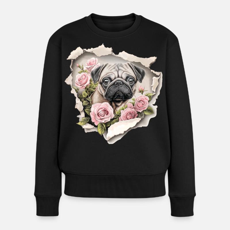 Mops Blumen Vintage - Frauen Premium Bio Pullover - Schwarz