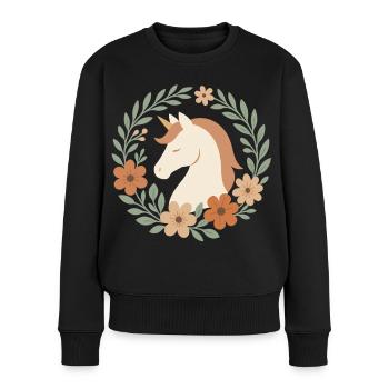 Boho Einhorn Blütenkranz, Sanfte Träume - Frauen Premium Bio Pullover - Schwarz - Vorne - Julia (174cm)