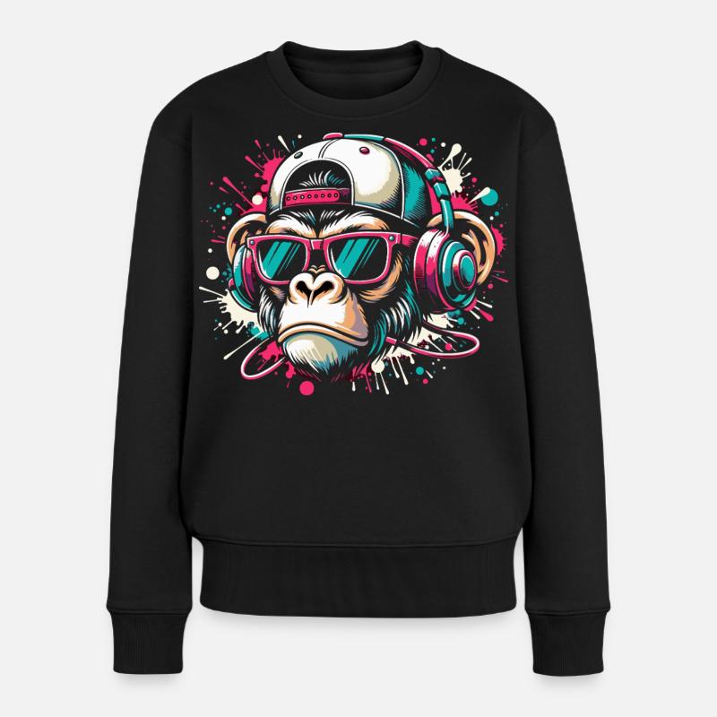 Cooler Affe mit Sonnenbrille und Beats - Frauen Premium Bio Pullover - Schwarz
