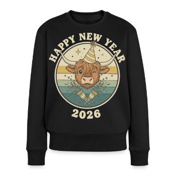Highland Cow Silvester 2026 Lustiges Partyhut - Frauen Premium Bio Pullover - Schwarz - Vorne - Julia (174cm)