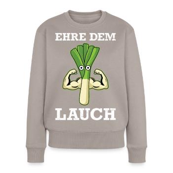 Haltérophiles GLOIRE AU POIREAU Drôle - Pull Premium bio Femme - taupe - Devant - Julia (174cm)