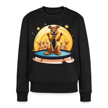Fröhlicher Hund auf Trampolin - Frauen Premium Bio Pullover - Schwarz - Vorne - Julia (174cm)