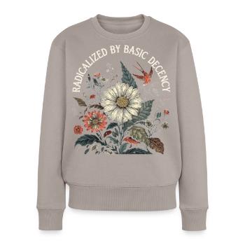 Radicalized By Basic Decency Retro Shirt - Women's Premium Organic Jumper - taupe - Front - Julia (174cm)