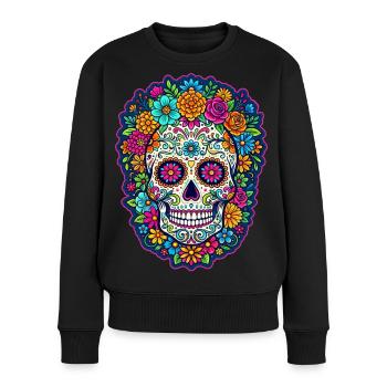 Tête de mort mexicaine sugar skull crâne fleurs - Pull Premium bio Femme - noir - Devant - Julia (174cm)