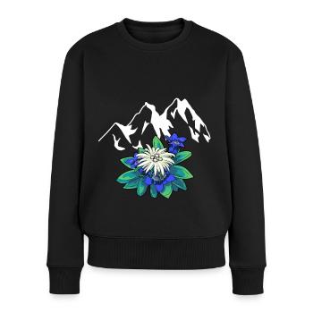 Gebirge Berge Tirol Edelweiß Enzian Natur Wandern - Frauen Premium Bio Pullover - Schwarz - Vorne - Julia (174cm)