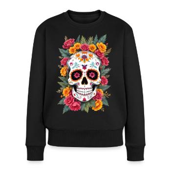 Tête de mort mexicaine sugar skull calavera fleurs - Pull Premium bio Femme - noir - Devant - Julia (174cm)