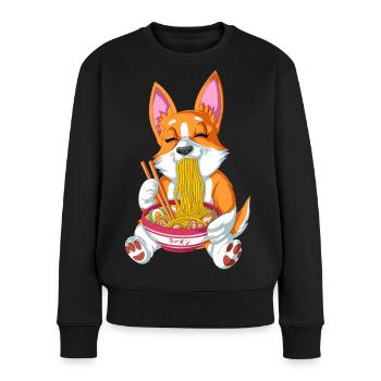 Corgi mignon dégustant des ramen - Pull Premium bio Femme - noir - Devant - Julia (174cm)